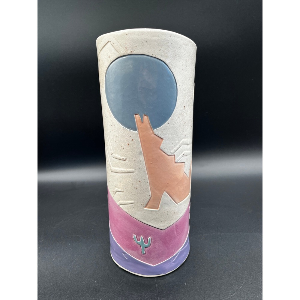 1990 Southwestern Studio Pottery Coyote Moon Vase Signed 10.25" Barbara Demery